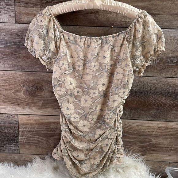 A.Byer Ladies Ruched Lace Ruffled Short Sleeves Top Blouse SZ Med Y2K - Picture 6 of 7